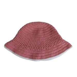 Cosmetic Pink with White Trim Handmade Acrylic Crocheted Summer Sun Hat One Size
